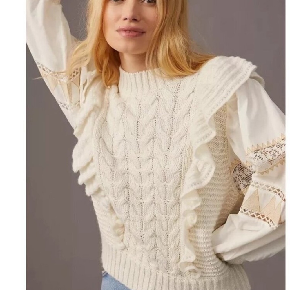 Anthropologie Ivory Ruffle Cable Knit Sweater